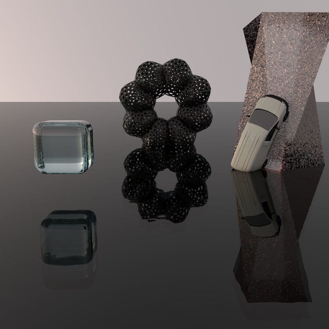 3D render: glass cube, stacked dark lattice spheres and a stone column on a reflective floor