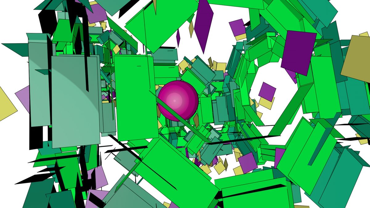 3D render: green and violet angular panels bursting around a magenta sphere