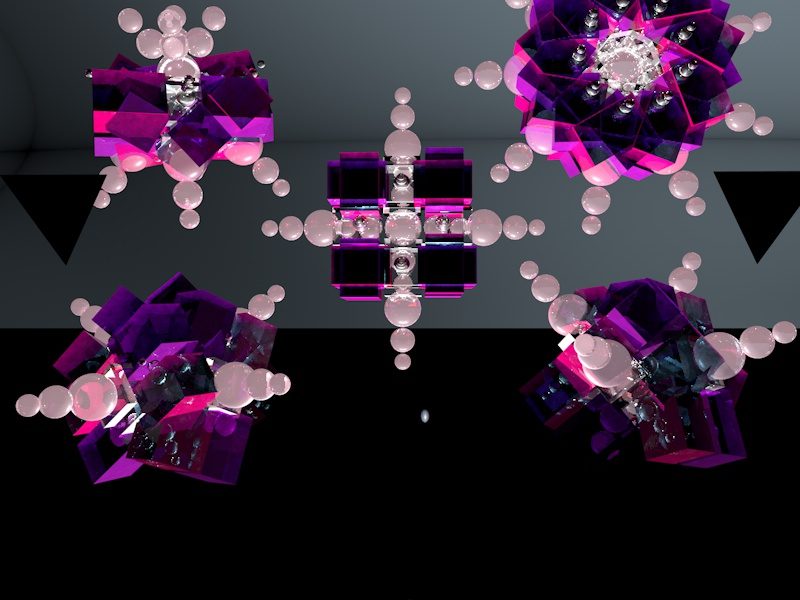 3D render: glossy pink and violet crystalline forms with pearl-like spheres