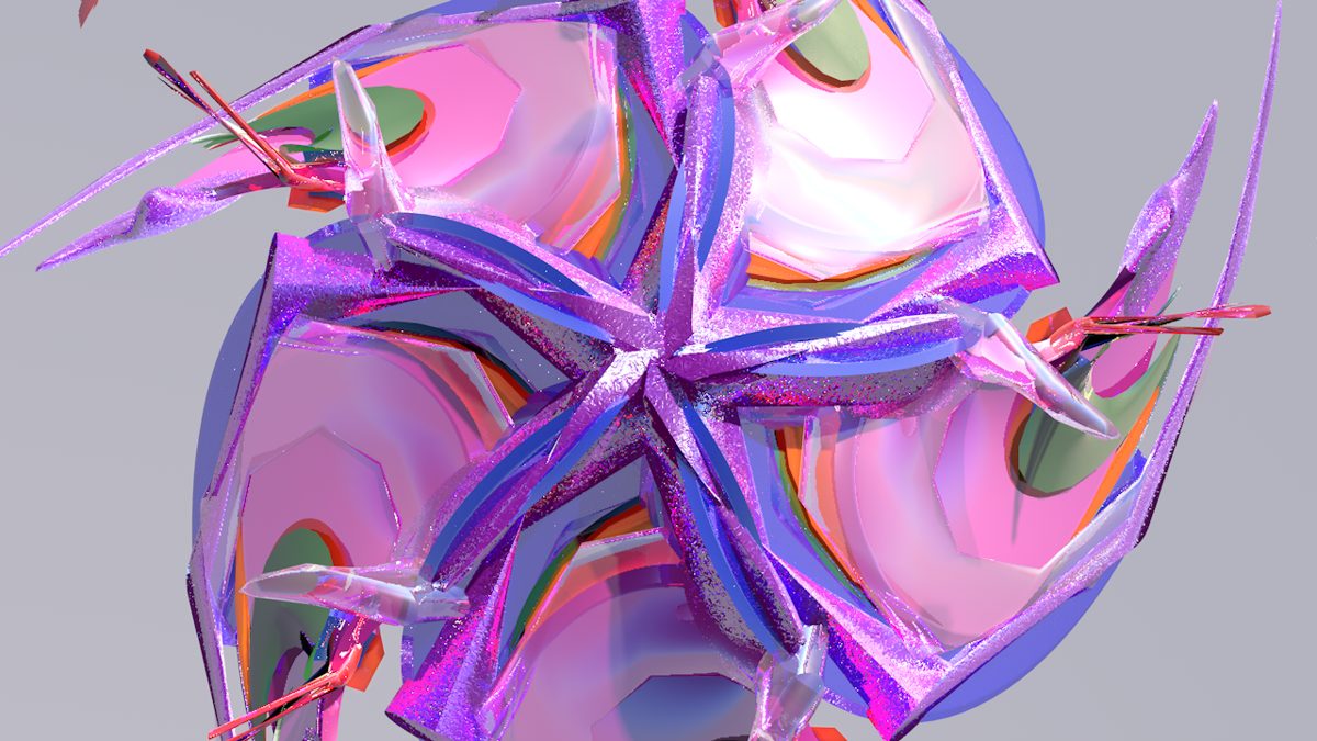 3D render: iridescent pink and blue organic star shape with sharp petals
