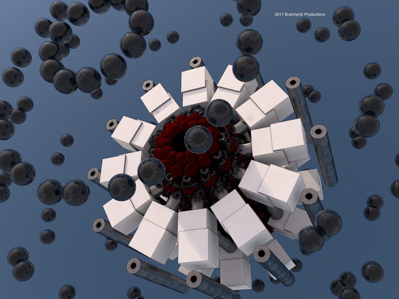 3D render: white cubes and tubes radiating from a dark red core among floating black spheres