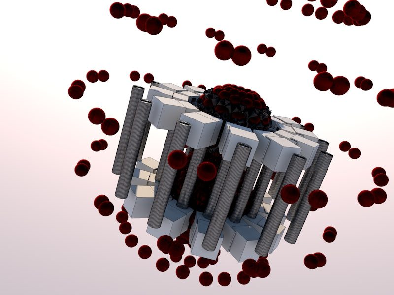 3D render: white pillar structure with a dark red core surrounded by red spheres